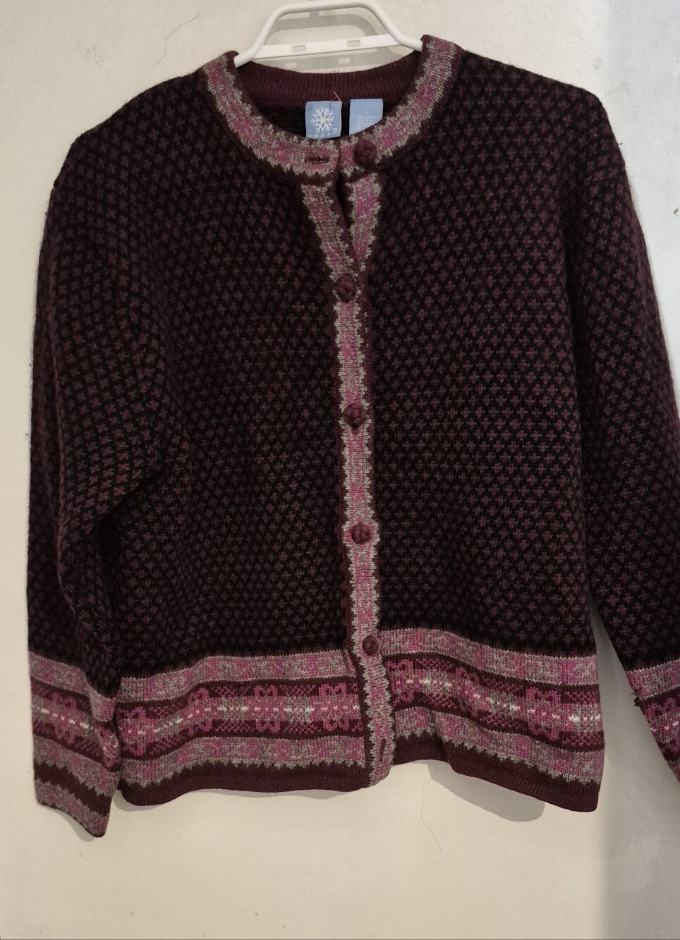 Nordic Fair Isle Wool Cardigan Sweater Sz.S Burgundy& Pink